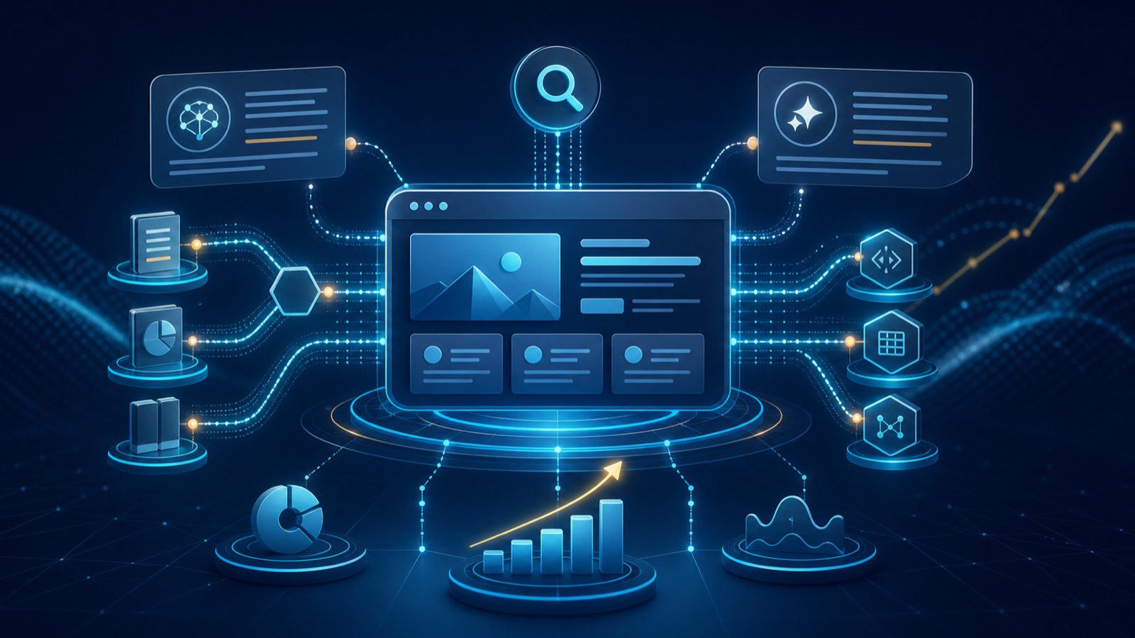 Business website connected to AI search answers, structured data and analytics signals
